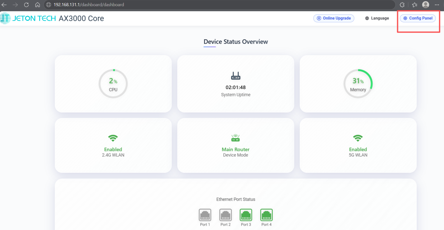 Config Panel in the Jeton Tech router admin interface