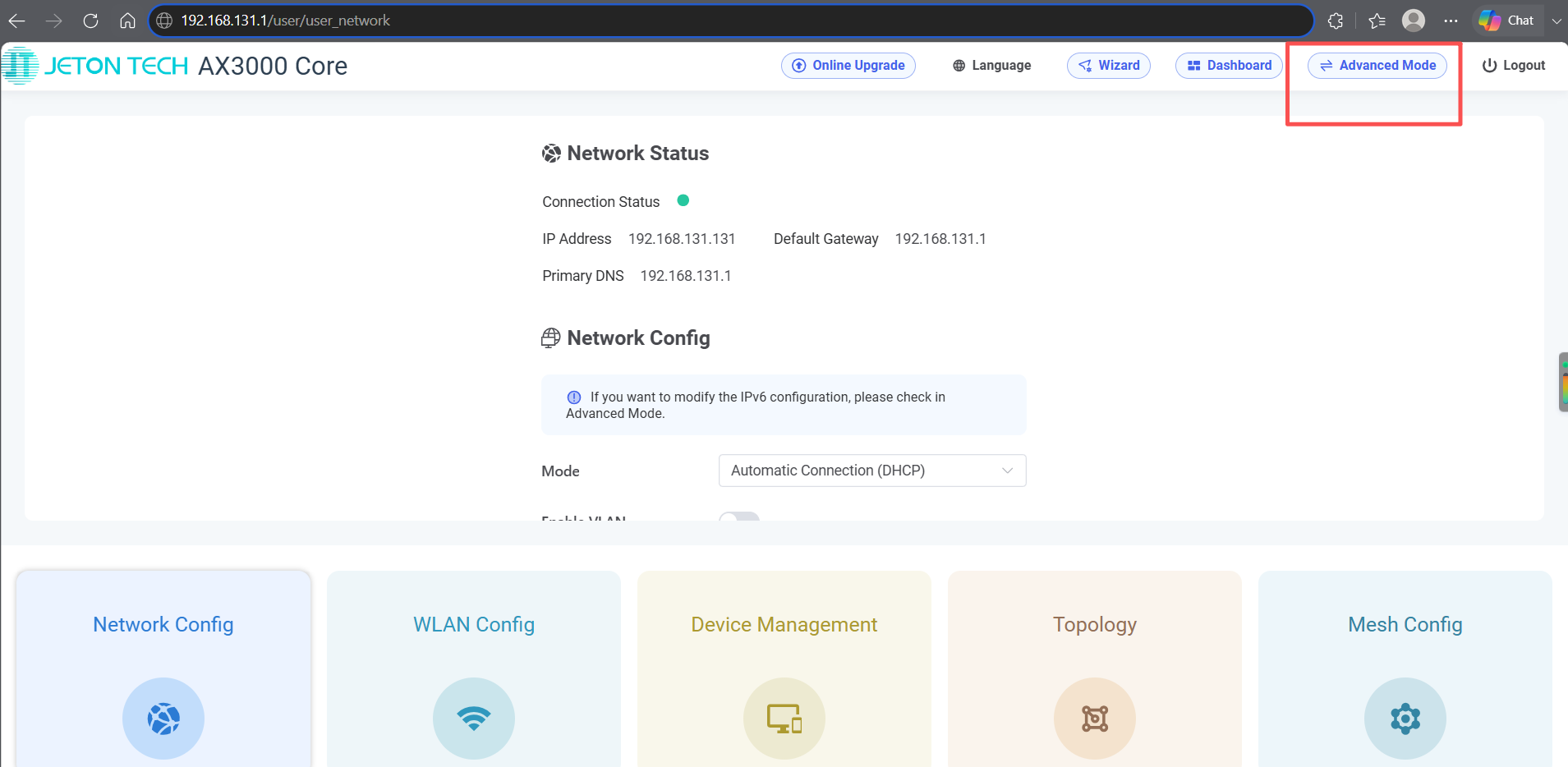 Advanced Mode option in the Jeton Tech router Config Panel