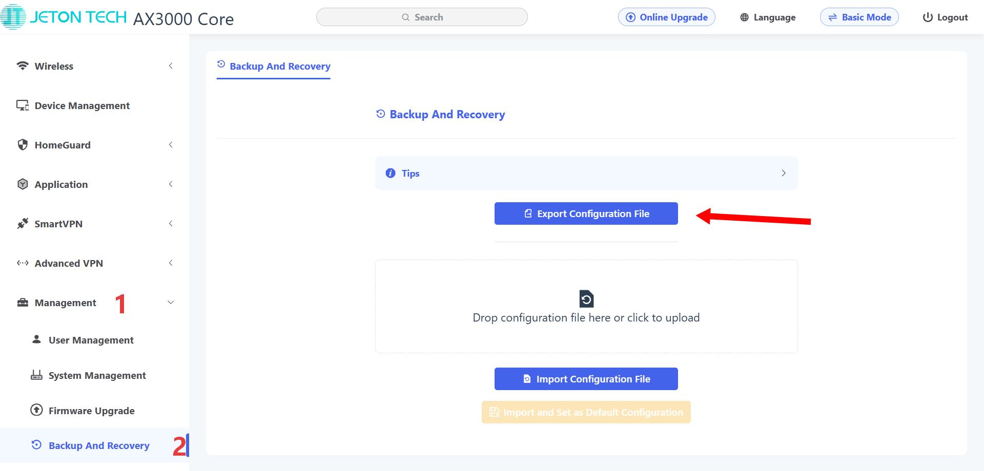 How to export and import the configuration file of the router - Step 2 Export Configuration File
