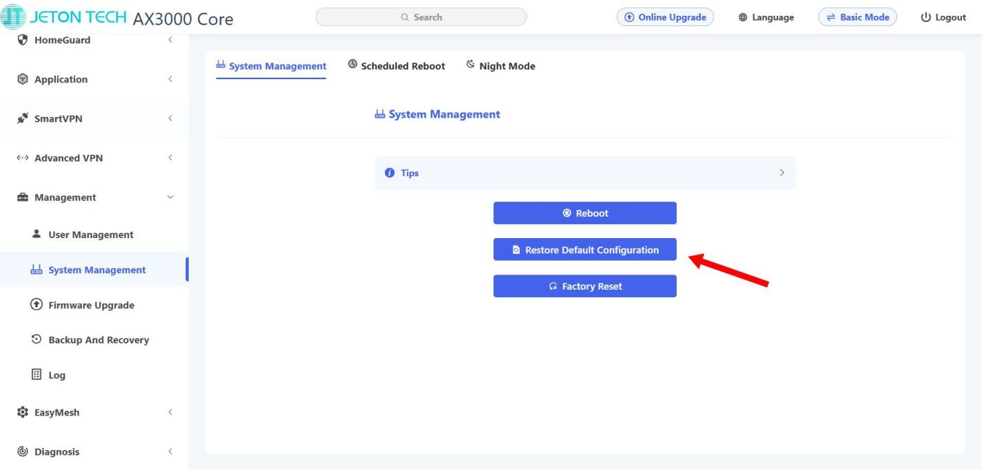 How to export and import the configuration file of the router - Step 5 Restore Default Configuration
