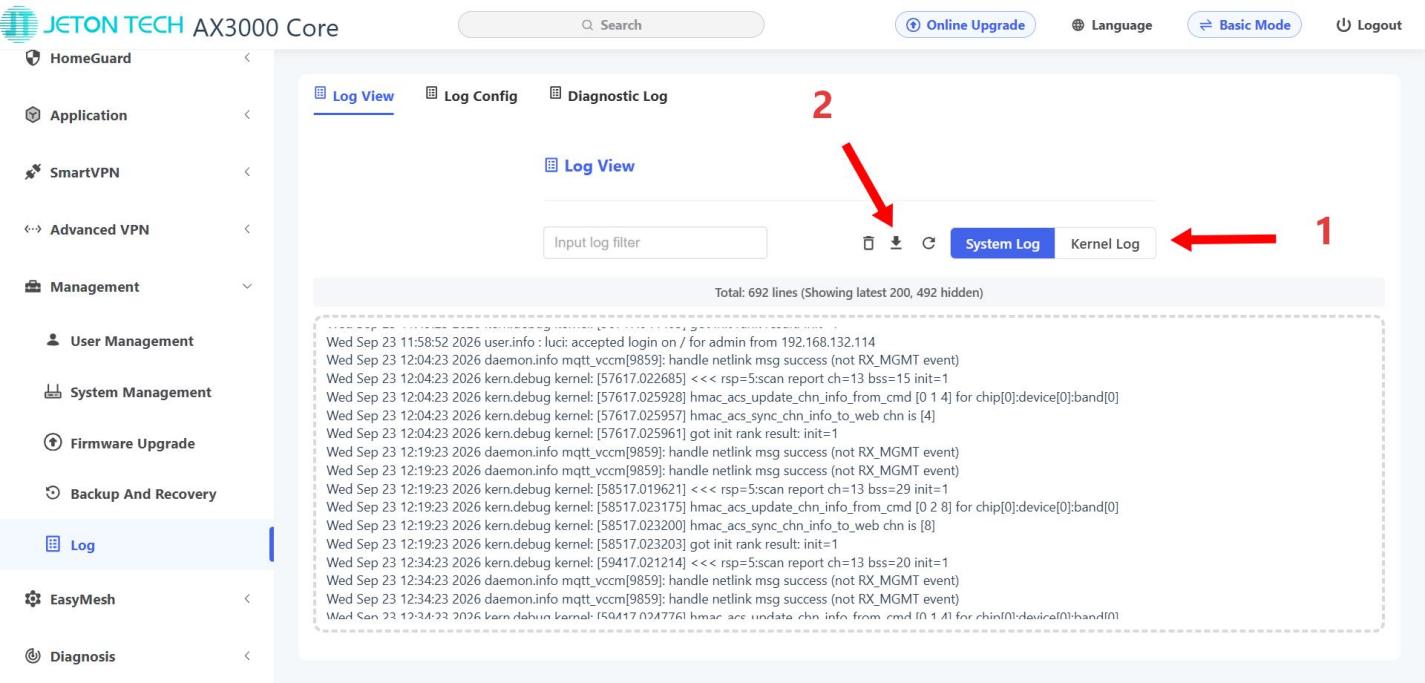 How to export the system log and kernel log - Step 2