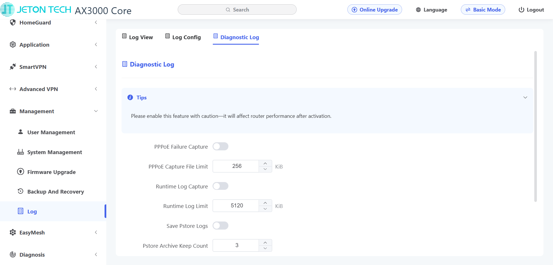 How to export the system log and kernel log - Step 3 Warning