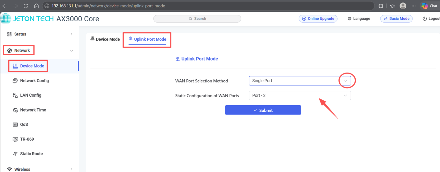 How to disable automatic WAN port detection and set a fixed WAN port - Step 2